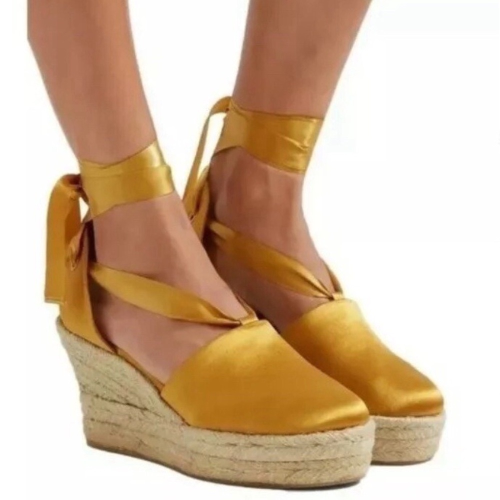 Tory Burch Elisa Satin Espadrilles Platform Wedges Sandal Yellow Size 7